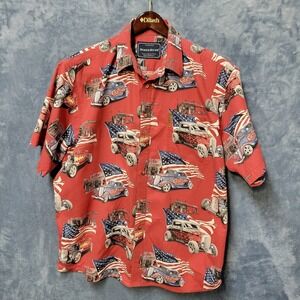 North River Mens Short Sleeve‎ Button Up Shirt Hot Rod American Flag Print Red